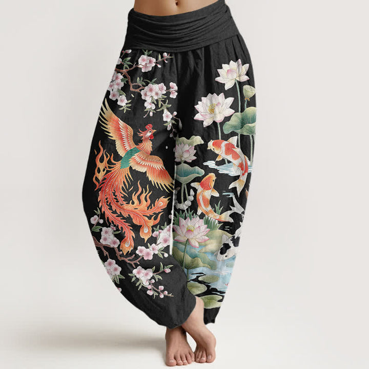 Buddha Stones Pantalones harem de mujer con cintura elástica y estampado de loto koi y fénix de algodón. - Negro - US16，UK/AU20，EU48 (3XL) - image 0