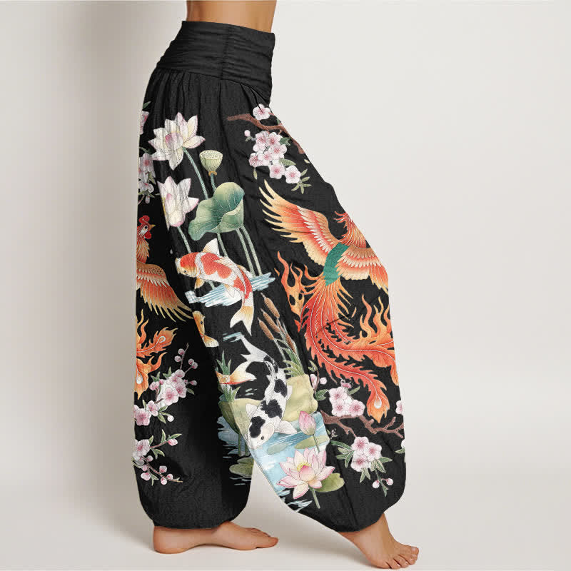 Buddha Stones Pantalones harem de mujer con cintura elástica y estampado de loto koi y fénix de algodón. - image 1
