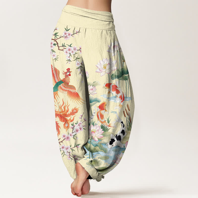 Buddha Stones Pantalones harem de mujer con cintura elástica y estampado de loto koi y fénix de algodón. - image 10