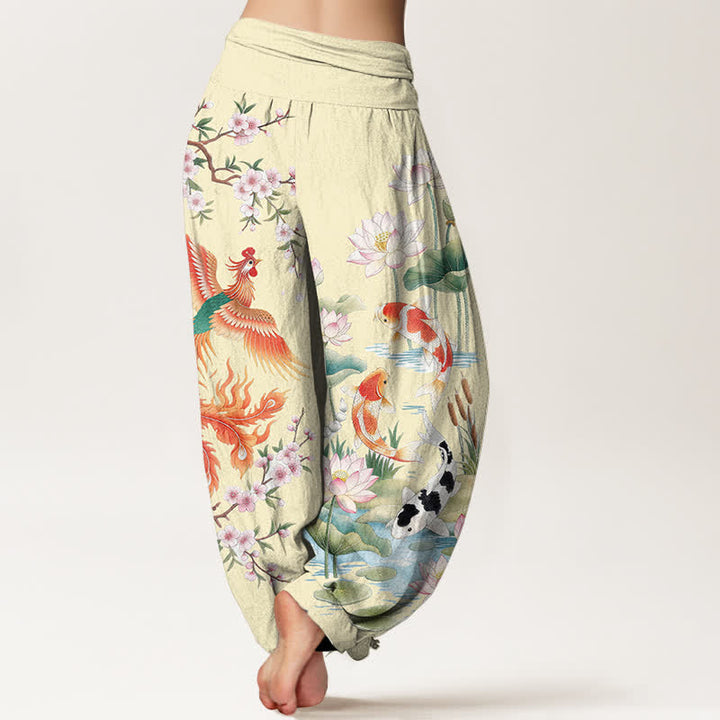 Buddha Stones Pantalones harem de mujer con cintura elástica y estampado de loto koi y fénix de algodón. - image 10