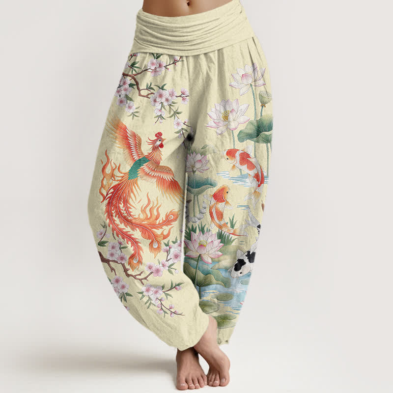 Buddha Stones Pantalones harem de mujer con cintura elástica y estampado de loto koi y fénix de algodón. - Amarillo dorado claro - US16，UK/AU20，EU48 (3XL) - image 8