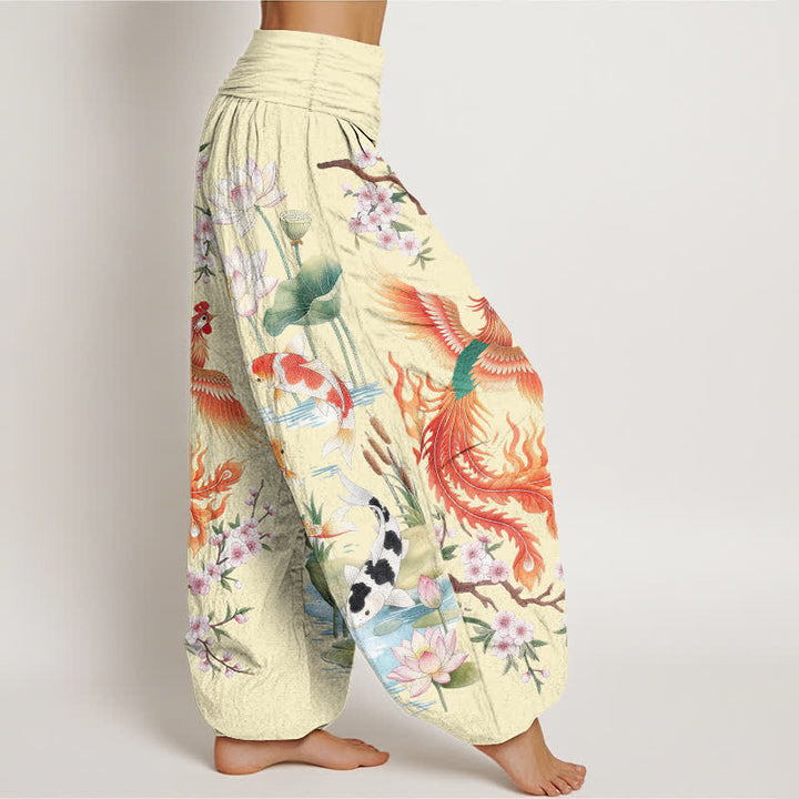 Buddha Stones Pantalones harem de mujer con cintura elástica y estampado de loto koi y fénix de algodón. - image 9