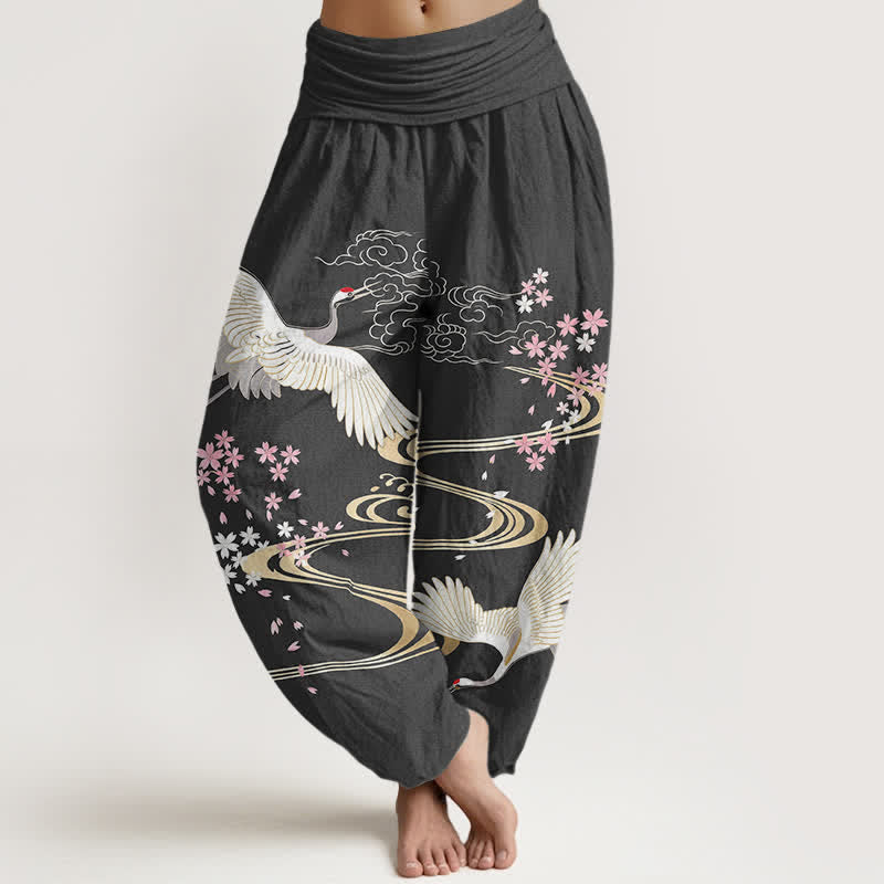 Buddha Stones Pantalones harem de mujer con cintura elástica y estampado de grullas y flores de cerezo, de algodón. - Gris oscuro - US16，UK/AU20，EU48 (3XL) - image 0
