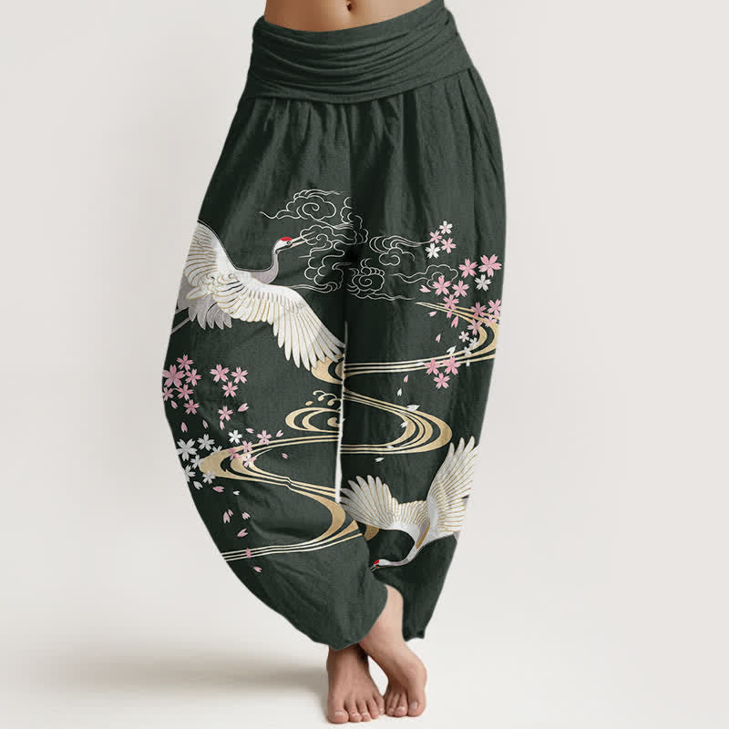 Buddha Stones Pantalones harem de mujer con cintura elástica y estampado de grullas y flores de cerezo, de algodón. - Verde oscuro - US16，UK/AU20，EU48 (3XL) - image 5