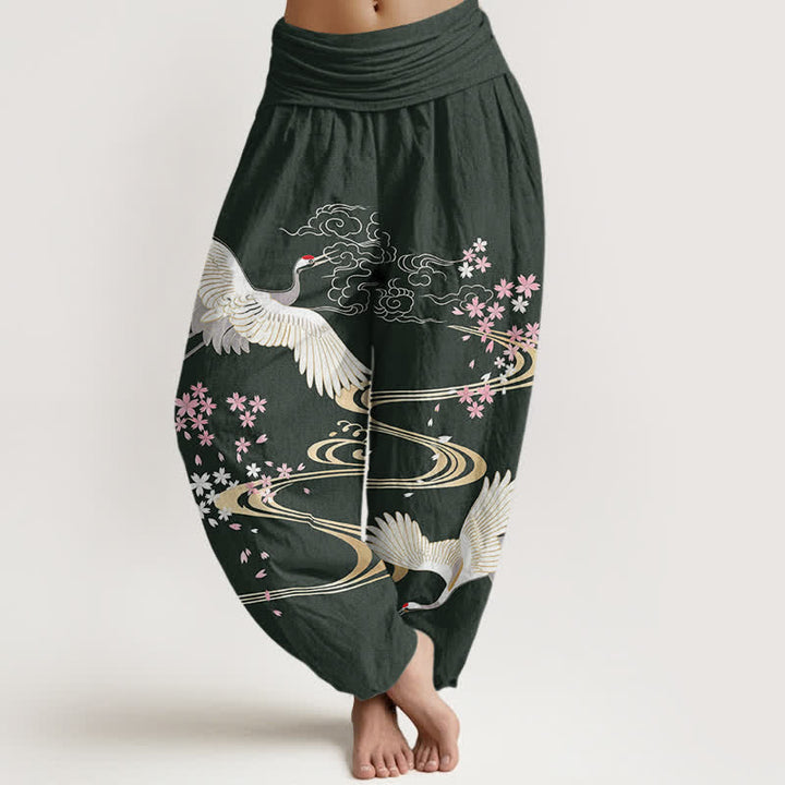 Buddha Stones Pantalones harem de mujer con cintura elástica y estampado de grullas y flores de cerezo, de algodón. - Verde oscuro - US16，UK/AU20，EU48 (3XL) - image 5