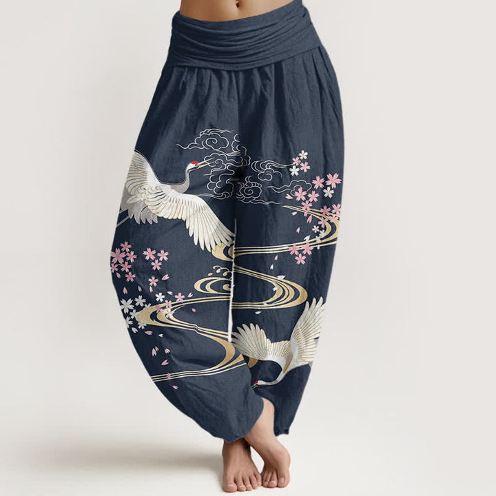 Buddha Stones Pantalones harem de mujer con cintura elástica y estampado de grullas y flores de cerezo, de algodón. - Marina de guerra - US16，UK/AU20，EU48 (3XL) - image 8