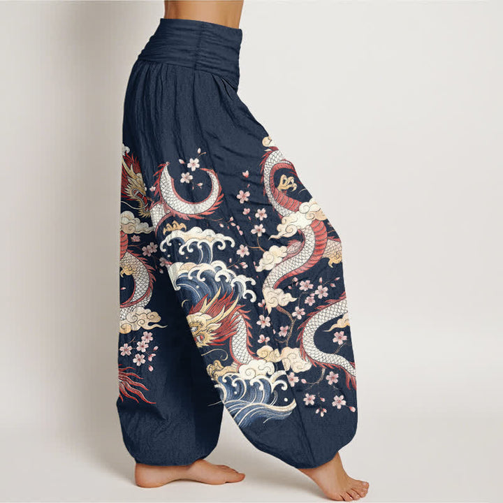 Buddha Stones Pantalones harem de mujer con cintura elástica y estampado de dragones, olas y flores de algodón. - image 1