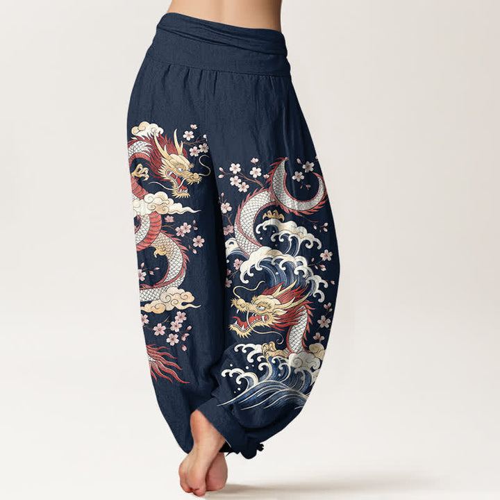 Buddha Stones Pantalones harem de mujer con cintura elástica y estampado de dragones, olas y flores de algodón. - image 2