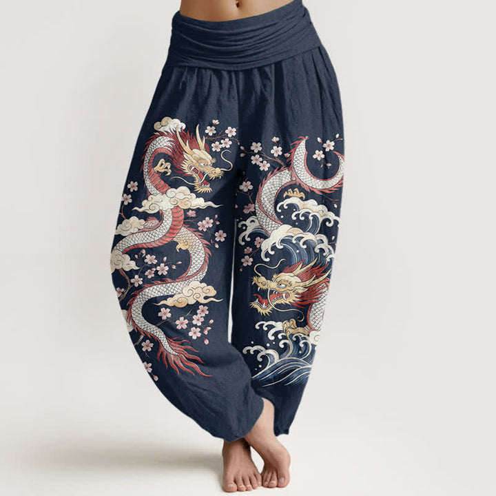 Buddha Stones Pantalones harem de mujer con cintura elástica y estampado de dragones, olas y flores de algodón. - Marina de guerra - US16，UK/AU20，EU48 (3XL) - image 0