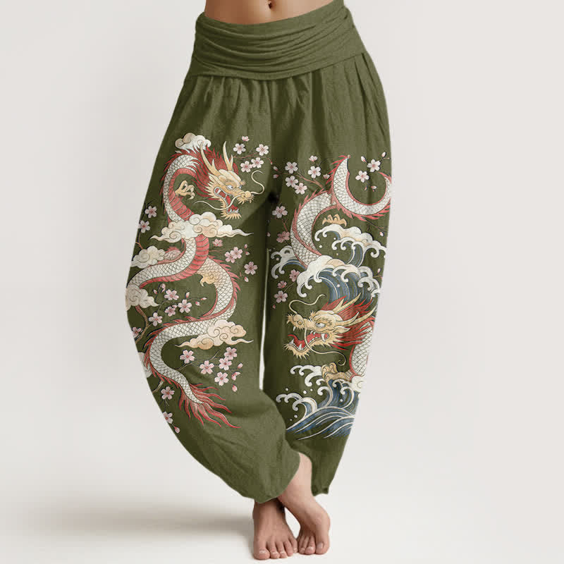 Buddha Stones Pantalones harem de mujer con cintura elástica y estampado de dragones, olas y flores de algodón. - Verde oliva - US16，UK/AU20，EU48 (3XL) - image 5