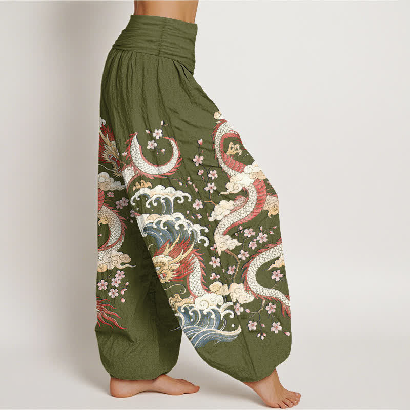 Buddha Stones Pantalones harem de mujer con cintura elástica y estampado de dragones, olas y flores de algodón. - image 6
