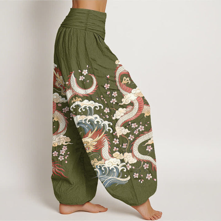 Buddha Stones Pantalones harem de mujer con cintura elástica y estampado de dragones, olas y flores de algodón. - image 6