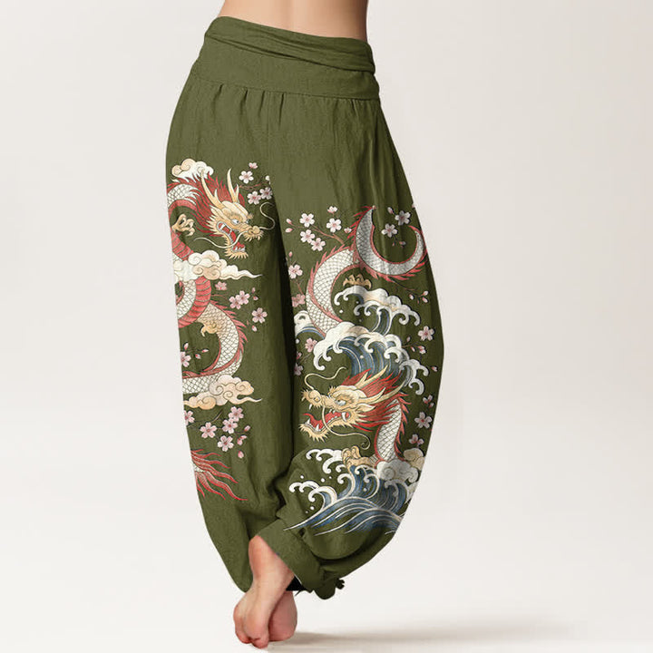 Buddha Stones Pantalones harem de mujer con cintura elástica y estampado de dragones, olas y flores de algodón. - image 7