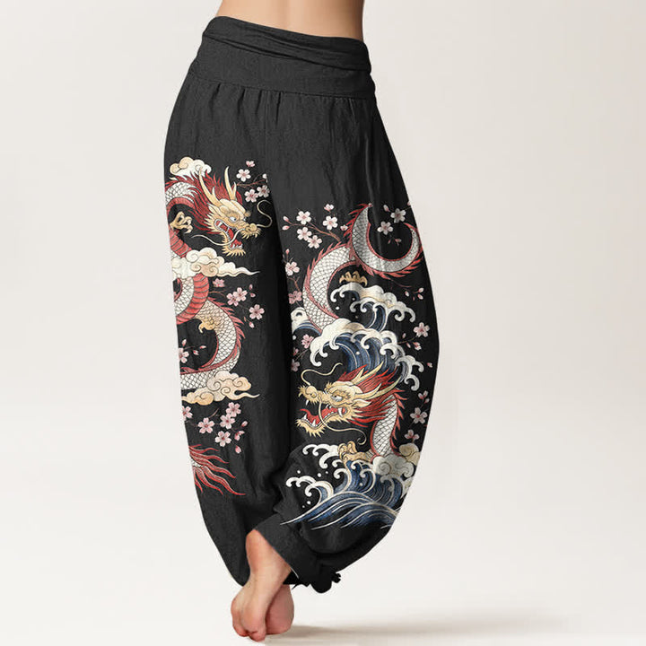 Buddha Stones Pantalones harem de mujer con cintura elástica y estampado de dragones, olas y flores de algodón. - image 10