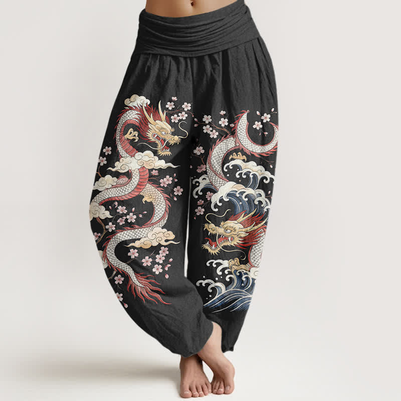 Buddha Stones Pantalones harem de mujer con cintura elástica y estampado de dragones, olas y flores de algodón. - Negro - US16，UK/AU20，EU48 (3XL) - image 8