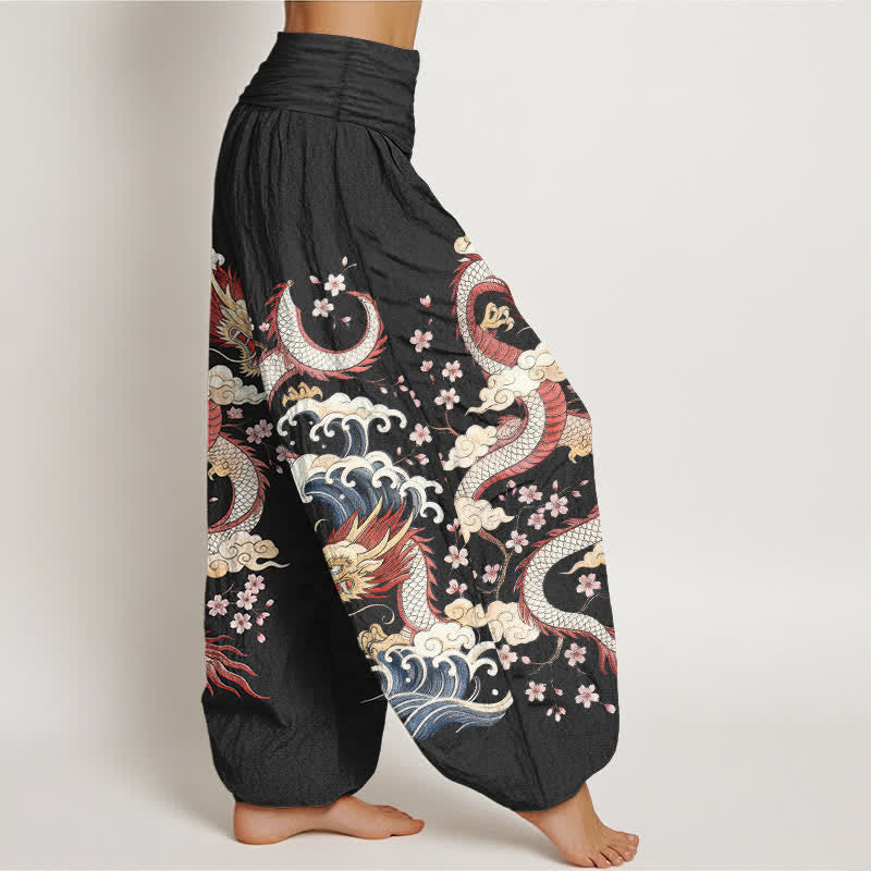 Buddha Stones Pantalones harem de mujer con cintura elástica y estampado de dragones, olas y flores de algodón. - image 9