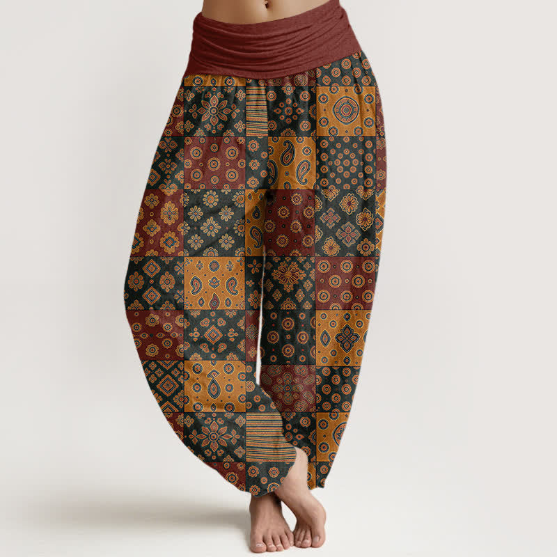 Buddha Stones Pantalones harem de algodón estilo bohemio con estampado paisley y patchwork para mujer, cintura elástica. - Marrón - US16，UK/AU20，EU48 (3XL) - image 0
