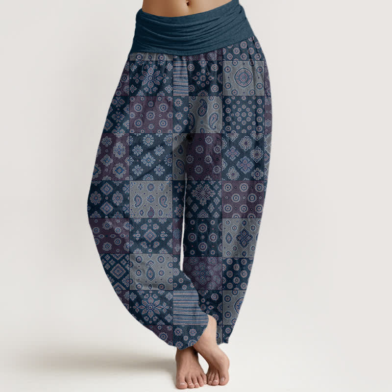Buddha Stones Pantalones harem de algodón estilo bohemio con estampado paisley y patchwork para mujer, cintura elástica. - Azul acero - US16，UK/AU20，EU48 (3XL) - image 5