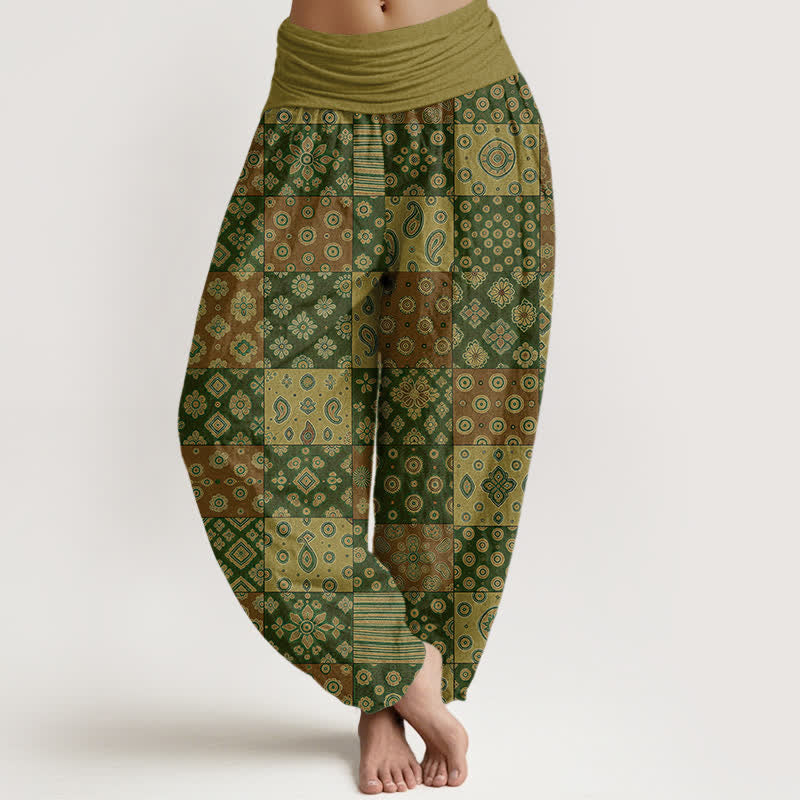 Buddha Stones Pantalones harem de algodón estilo bohemio con estampado paisley y patchwork para mujer, cintura elástica. - Aceituna - US16，UK/AU20，EU48 (3XL) - image 8