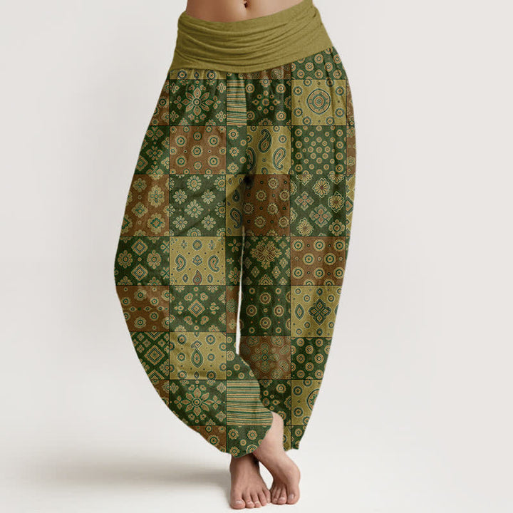 Buddha Stones Pantalones harem de algodón estilo bohemio con estampado paisley y patchwork para mujer, cintura elástica. - Aceituna - US16，UK/AU20，EU48 (3XL) - image 8