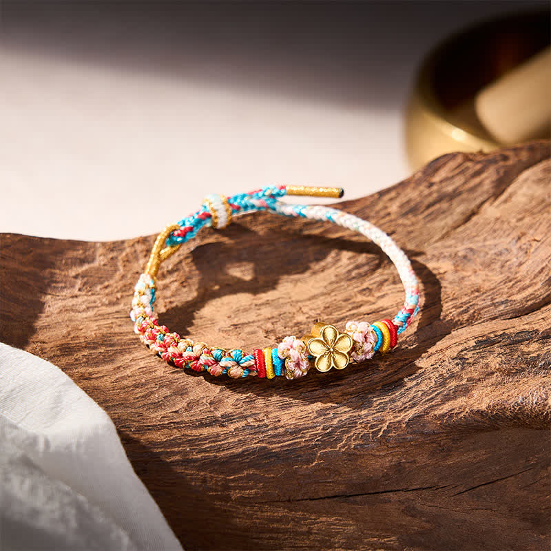 Buddha Stones Pulsera de cuerda protectora multicolor con diseño de flor de durazno tejida a mano - image 4
