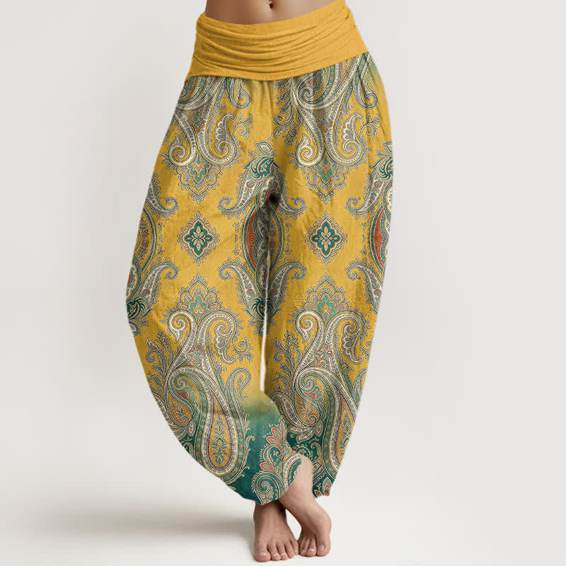 Buddha Stones Pantalones harem de algodón con estampado de mosaico paisley vintage para mujer con cintura elástica. - Oro - US16，UK/AU20，EU48 (3XL) - image 0