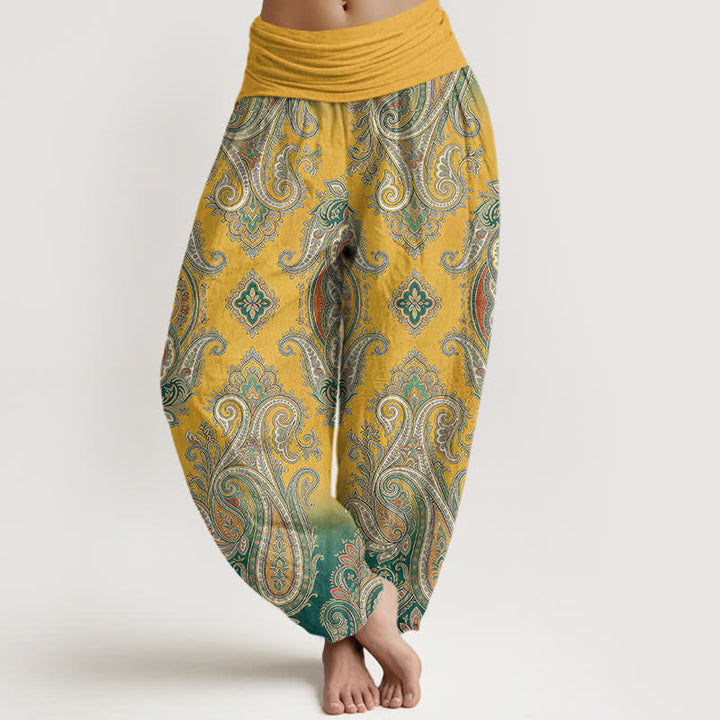 Buddha Stones Pantalones harem de algodón con estampado de mosaico paisley vintage para mujer con cintura elástica. - Oro - US16，UK/AU20，EU48 (3XL) - image 0