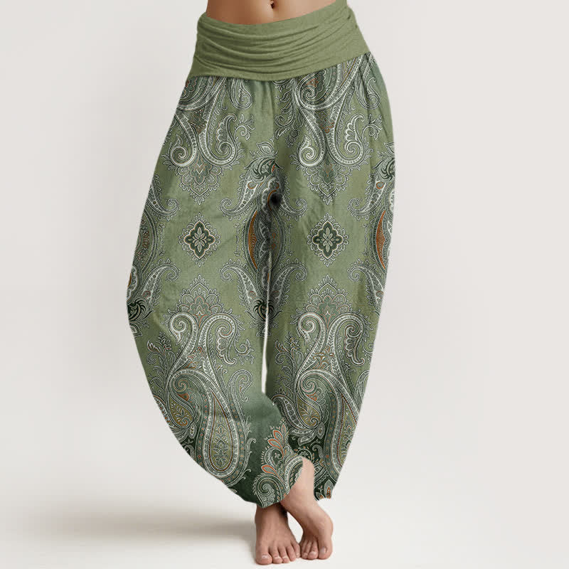 Buddha Stones Pantalones harem de algodón con estampado de mosaico paisley vintage para mujer con cintura elástica. - Verde oliva - US16，UK/AU20，EU48 (3XL) - image 5