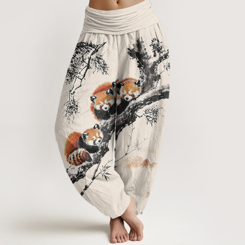 Buddha Stones Pantalones harem de mujer con cintura elástica y estampado de panda rojo y bambú, de algodón y tinta. - Lino - US16，UK/AU20，EU48 (3XL) - image 0
