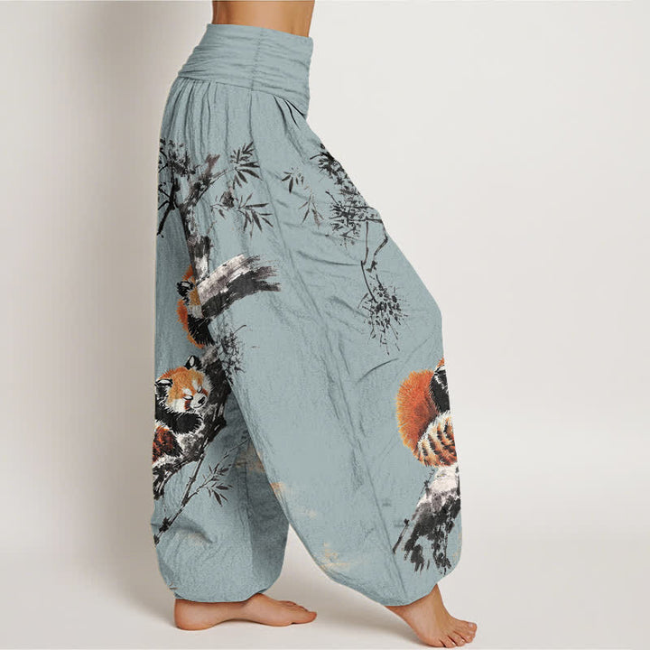 Buddha Stones Pantalones harem de mujer con cintura elástica y estampado de panda rojo y bambú, de algodón y tinta. - image 10
