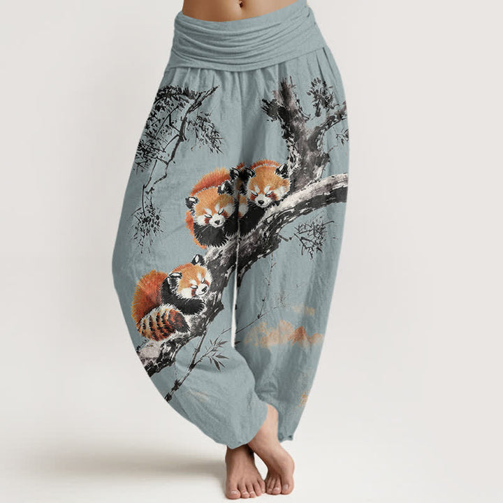 Buddha Stones Pantalones harem de mujer con cintura elástica y estampado de panda rojo y bambú, de algodón y tinta. - Azul claro - US16，UK/AU20，EU48 (3XL) - image 8