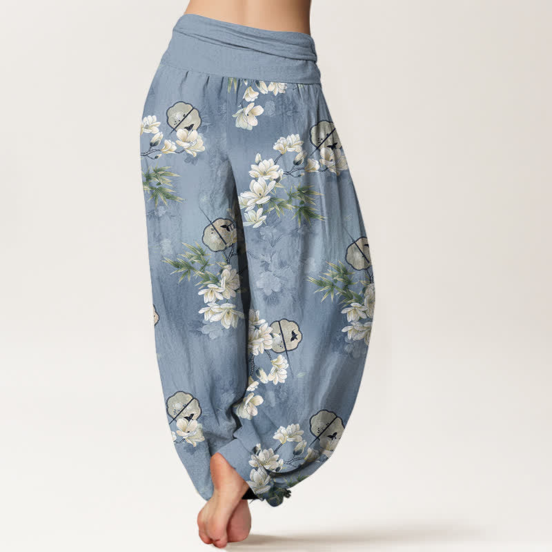 Buddha Stones Pantalones harem de mujer con cintura elástica y estampado de hojas blancas de Cotton Fans - image 2