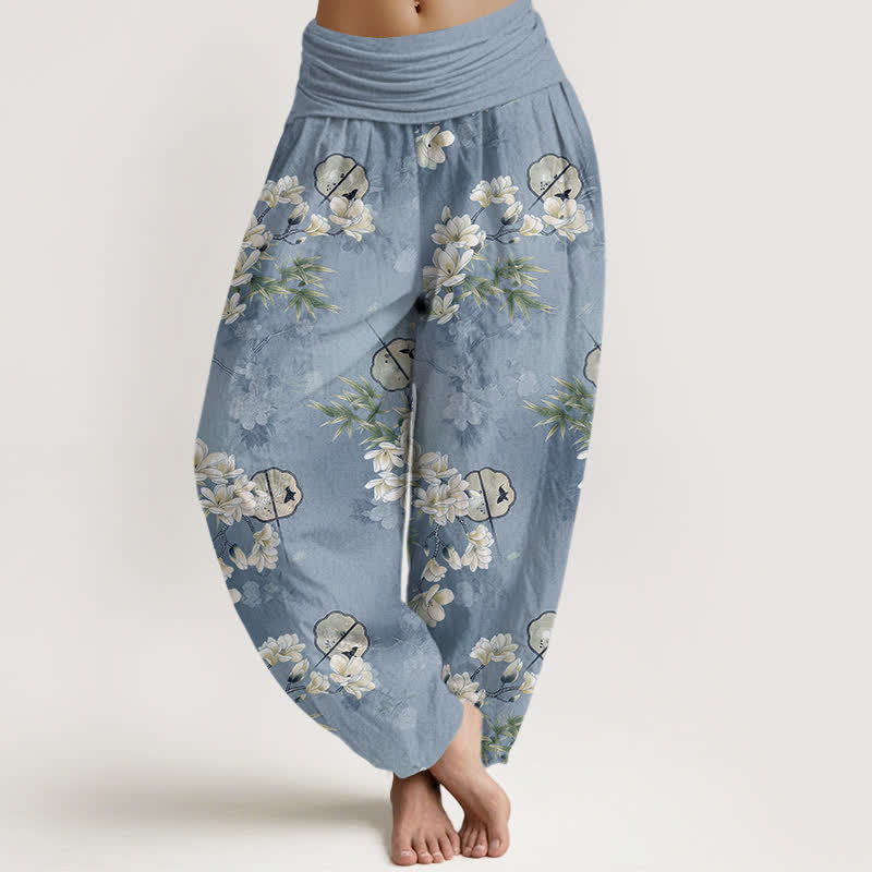 Buddha Stones Pantalones harem de mujer con cintura elástica y estampado de hojas blancas de Cotton Fans - Azul cielo claro - US16，UK/AU20，EU48 (3XL) - image 0