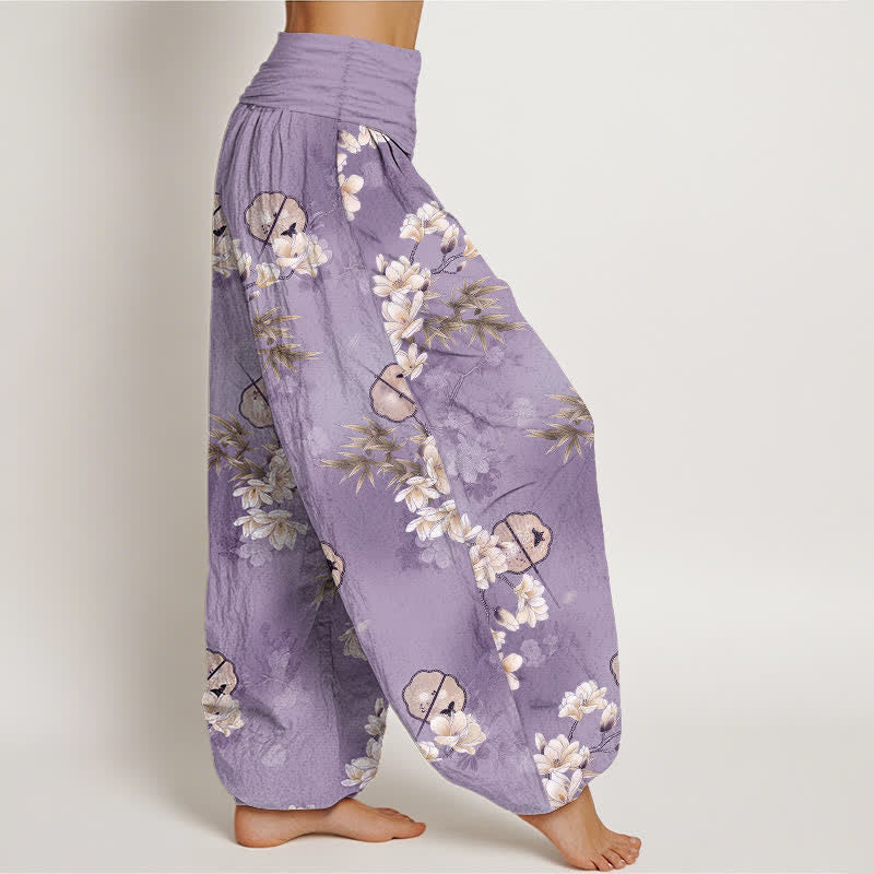 Buddha Stones Pantalones harem de mujer con cintura elástica y estampado de hojas blancas de Cotton Fans - image 6