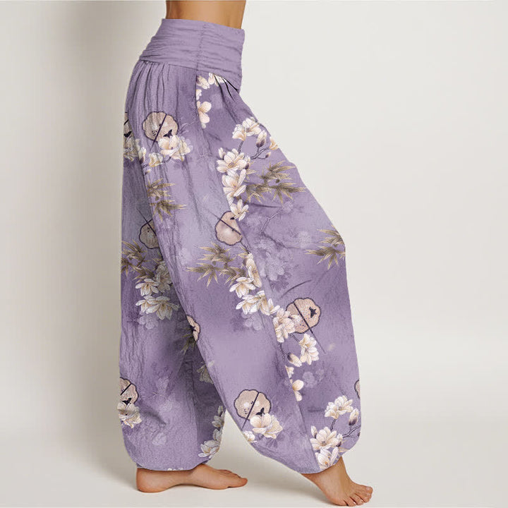 Buddha Stones Pantalones harem de mujer con cintura elástica y estampado de hojas blancas de Cotton Fans - image 6