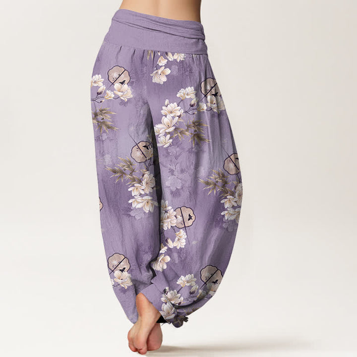 Buddha Stones Pantalones harem de mujer con cintura elástica y estampado de hojas blancas de Cotton Fans - image 7