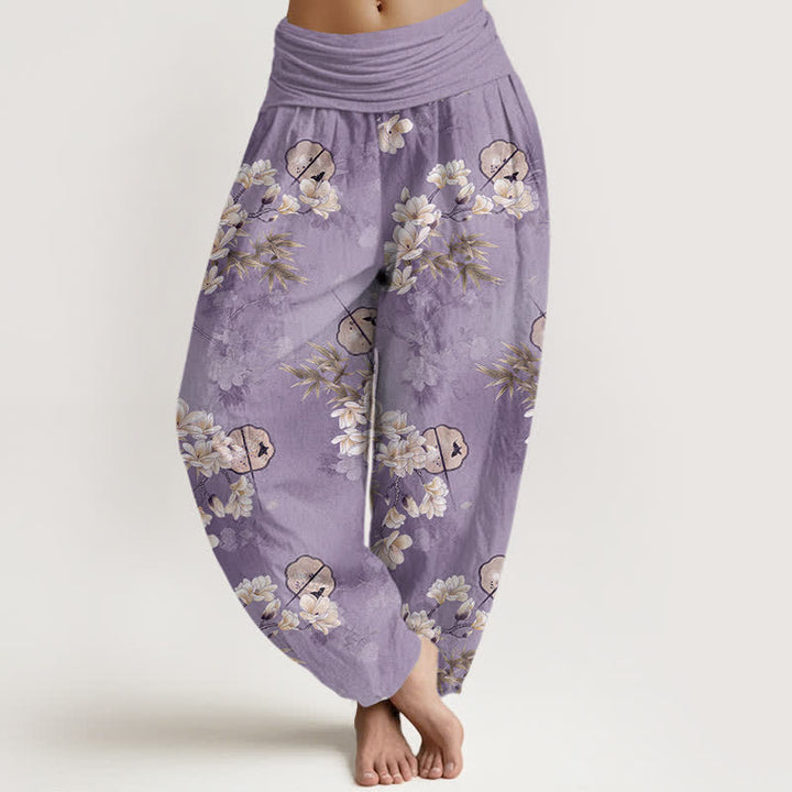 Buddha Stones Pantalones harem de mujer con cintura elástica y estampado de hojas blancas de Cotton Fans - Morado medio - US16，UK/AU20，EU48 (3XL) - image 5