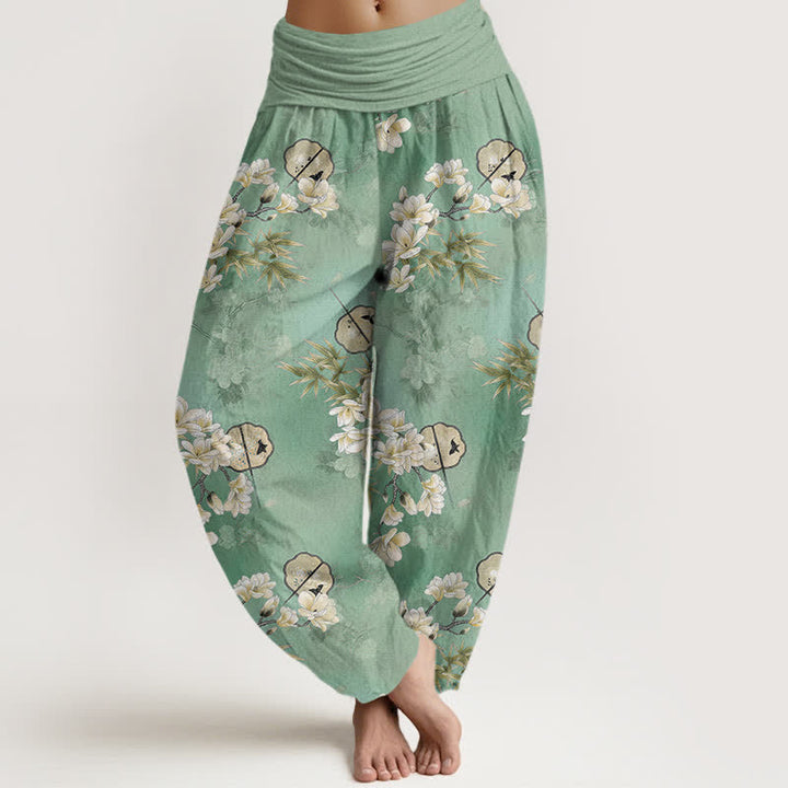 Buddha Stones Pantalones harem de mujer con cintura elástica y estampado de hojas blancas de Cotton Fans - Aguamarina - US16，UK/AU20，EU48 (3XL) - image 8