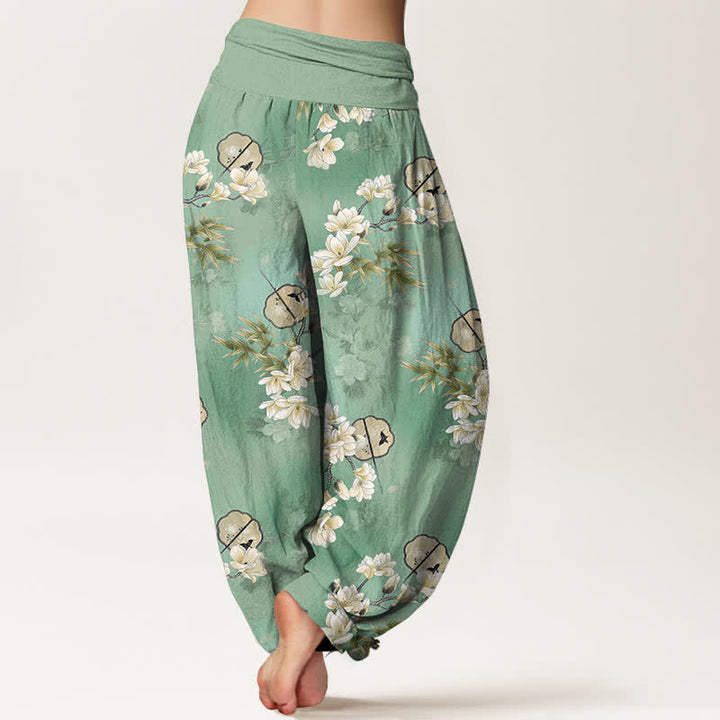 Buddha Stones Pantalones harem de mujer con cintura elástica y estampado de hojas blancas de Cotton Fans - image 10