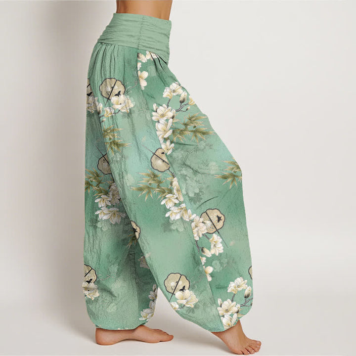 Buddha Stones Pantalones harem de mujer con cintura elástica y estampado de hojas blancas de Cotton Fans - image 9
