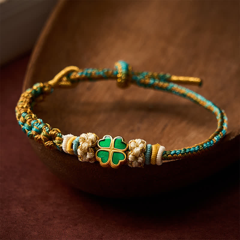 Buddha Stones Pulsera de cuerda de la suerte tejida a mano multicolor con forma de corazón de flor de durazno y trébol de cuatro hojas verde - Verde (circunferencia de la muñeca: 15-19 cm) - image 0