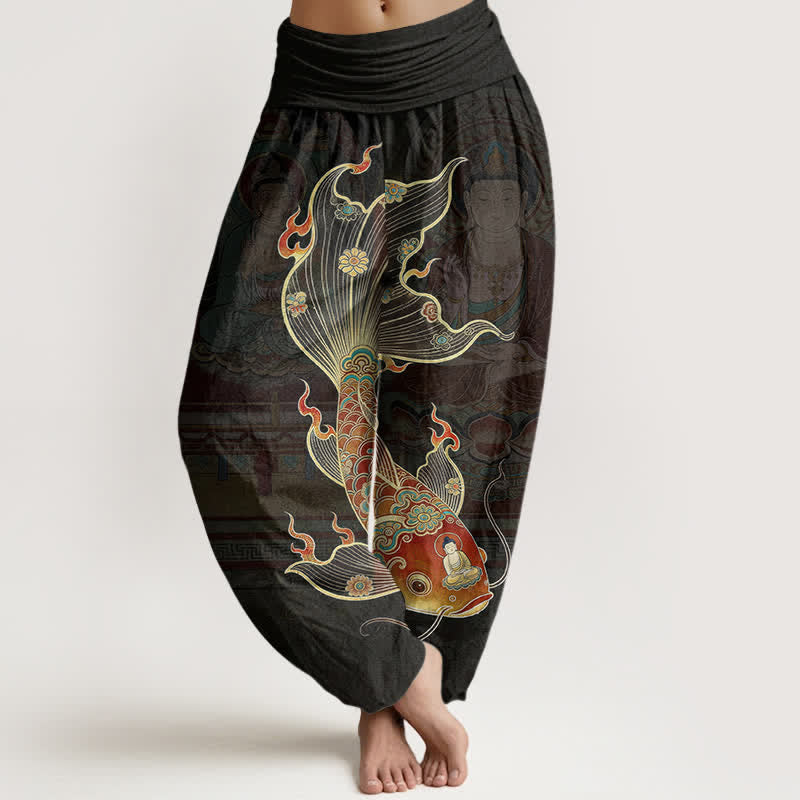 Buddha Stones Pantalones harem de algodón con estampado de peces koi y Guanyin para mujer con cintura elástica. - Negro - US16，UK/AU20，EU48 (3XL) - image 0