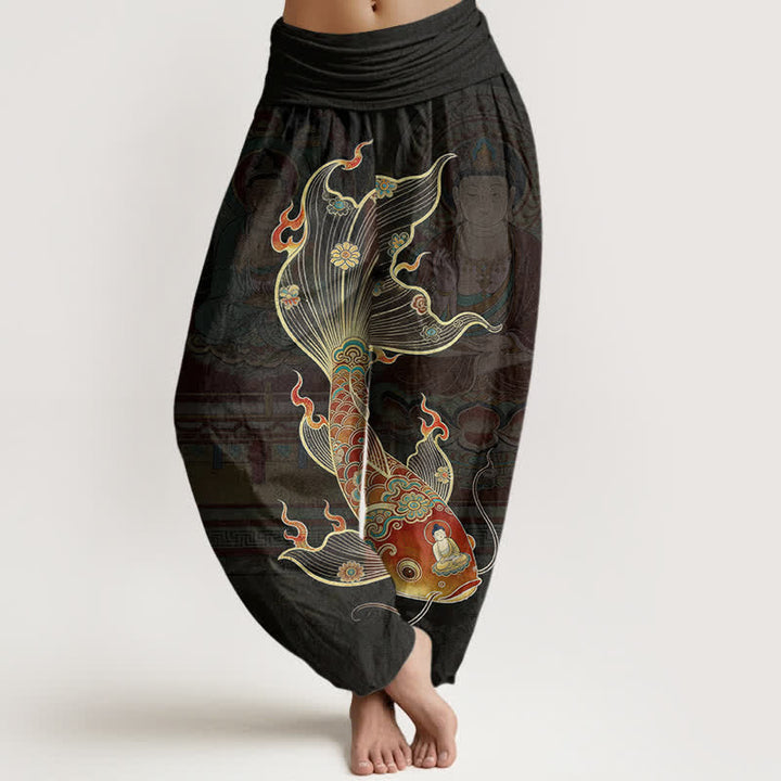 Buddha Stones Pantalones harem de algodón con estampado de peces koi y Guanyin para mujer con cintura elástica. - Negro - US16，UK/AU20，EU48 (3XL) - image 0