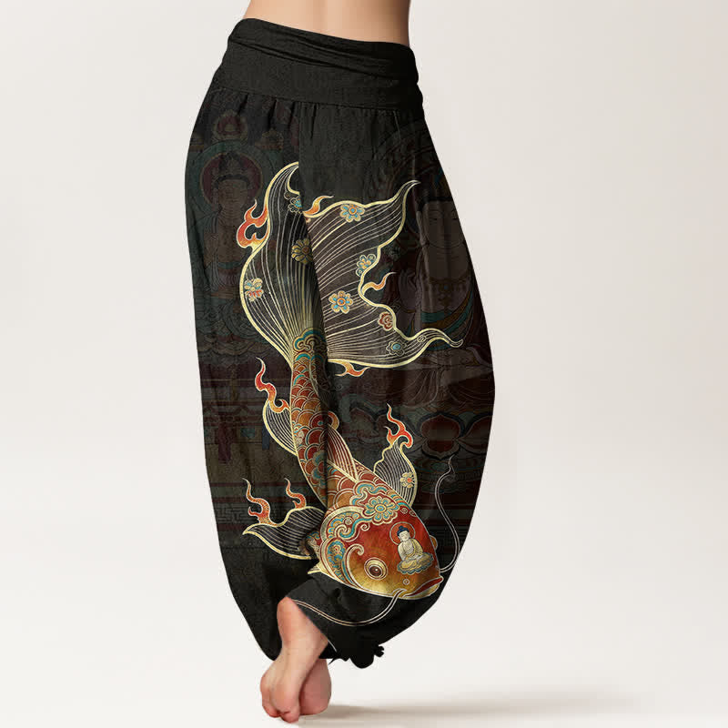 Buddha Stones Pantalones harem de algodón con estampado de peces koi y Guanyin para mujer con cintura elástica. - image 1