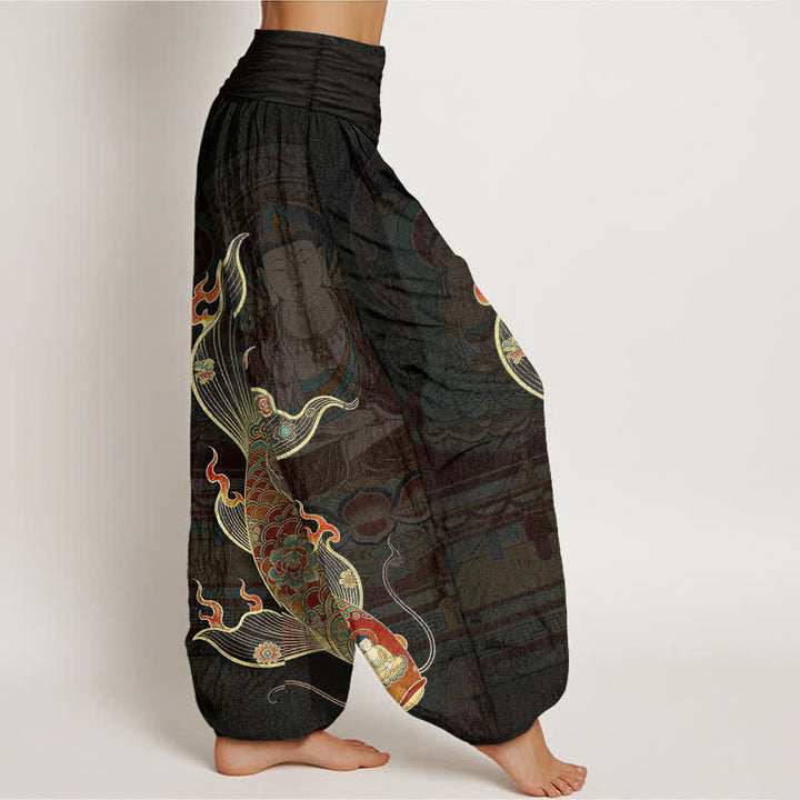 Buddha Stones Pantalones harem de algodón con estampado de peces koi y Guanyin para mujer con cintura elástica. - image 2
