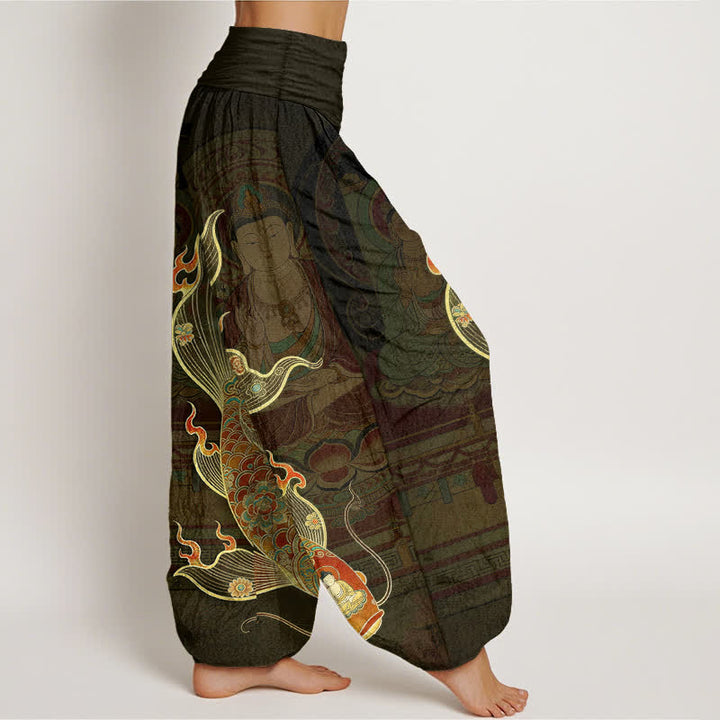 Buddha Stones Pantalones harem de algodón con estampado de peces koi y Guanyin para mujer con cintura elástica. - image 6