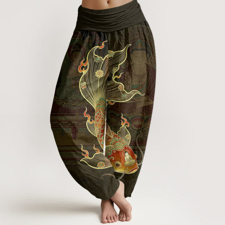 Buddha Stones Pantalones harem de algodón con estampado de peces koi y Guanyin para mujer con cintura elástica. - Aceituna - US16，UK/AU20，EU48 (3XL) - image 5