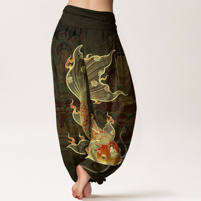 Buddha Stones Pantalones harem de algodón con estampado de peces koi y Guanyin para mujer con cintura elástica. - image 7