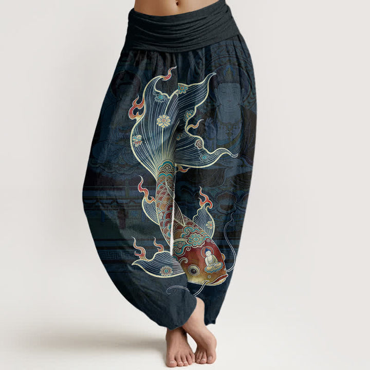 Buddha Stones Pantalones harem de algodón con estampado de peces koi y Guanyin para mujer con cintura elástica. - Marina de guerra - US16，UK/AU20，EU48 (3XL) - image 8