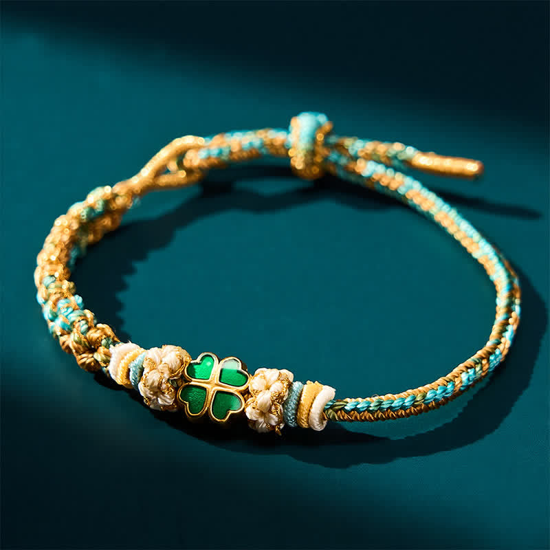 Buddha Stones Pulsera de cuerda de la suerte tejida a mano multicolor con forma de corazón de flor de durazno y trébol de cuatro hojas verde - image 1